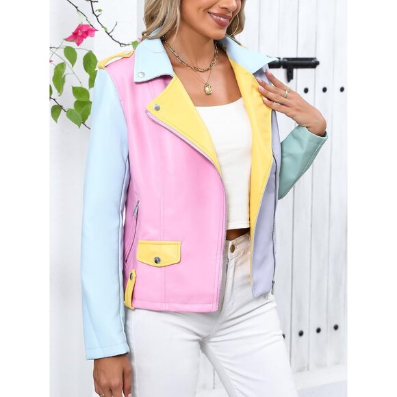 Women Faux Leather Motorcycle Jacket Multicolor Stand Collar with Pockets Coat - Picture 6 of 6